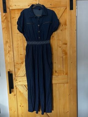 Indigo & Lace Denim Jumpsuit Smocked Waist Blue Size L